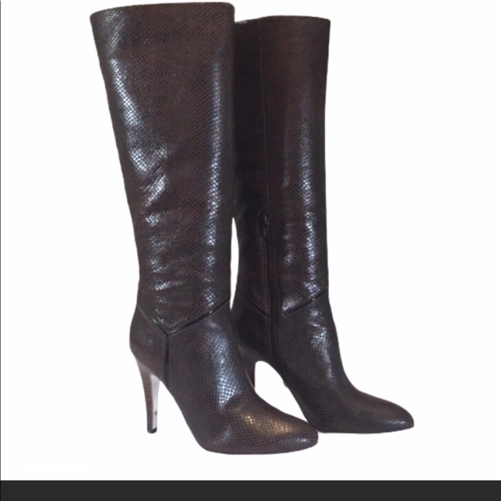 BCBCMaxAzria Marsha Snake Print Heeled Tall Boots